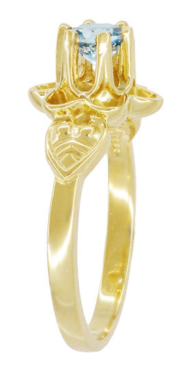 Victorian Flowers Aquamarine Birthstone Engagement Ring in 14 Karat Yellow Gold - Item: R373YA - Image: 4