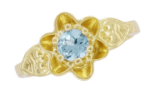 Victorian Flowers Aquamarine Birthstone Engagement Ring in 14 Karat Yellow Gold - Item: R373YA - Image: 6