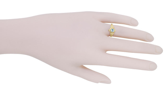 Victorian Flowers Aquamarine Birthstone Engagement Ring in 14 Karat Yellow Gold - Item: R373YA - Image: 7
