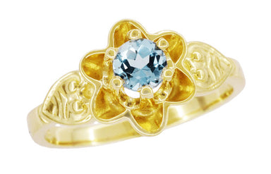 Victorian Flowers Aquamarine Birthstone Engagement Ring in 14 Karat Yellow Gold - alternate view