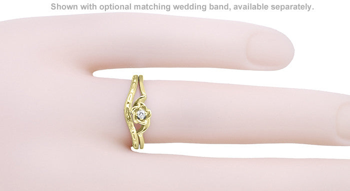 Retro Moderne Yellow Gold Blooming Rose Diamond Promise Ring - 10K or 14K - Item: R377Y10 - Image: 3