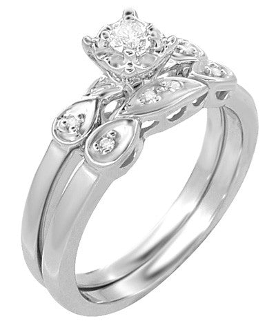 1950's Retro Moderne White Sapphire Bridal Ring Set in 14 Karat White Gold - Item: R380SWS - Image: 3