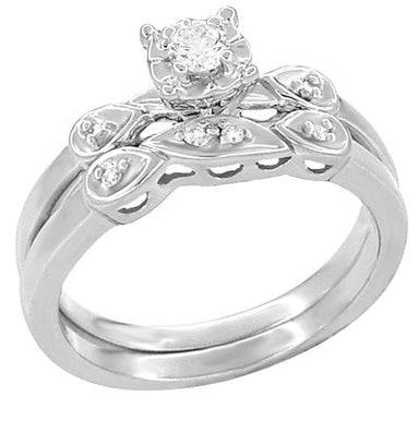 1950's Retro Moderne White Sapphire Bridal Ring Set in 14 Karat White Gold - alternate view