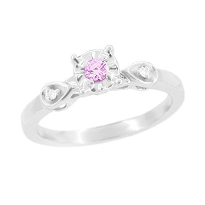 Retro Moderne Vintage Pink Tourmaline Promise Ring with Side Diamonds in White Gold - R380WPT