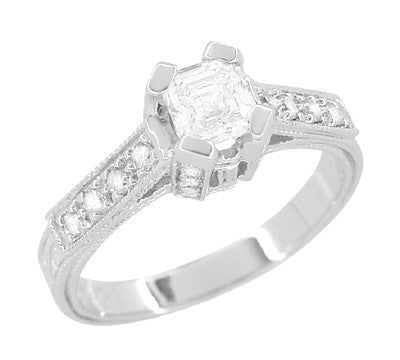 Art Deco 1/2 Carat Asscher Cut Diamond Engagement Ring in 18 Karat White Gold - Item: R396AS - Image: 2