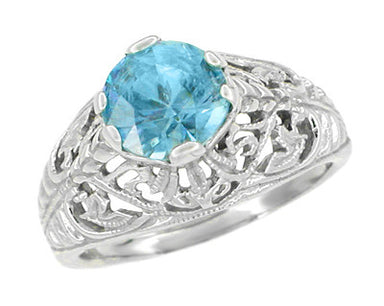 Edwardian Dome Filigree Vintage Natural Blue Zircon Ring in White Gold - R397