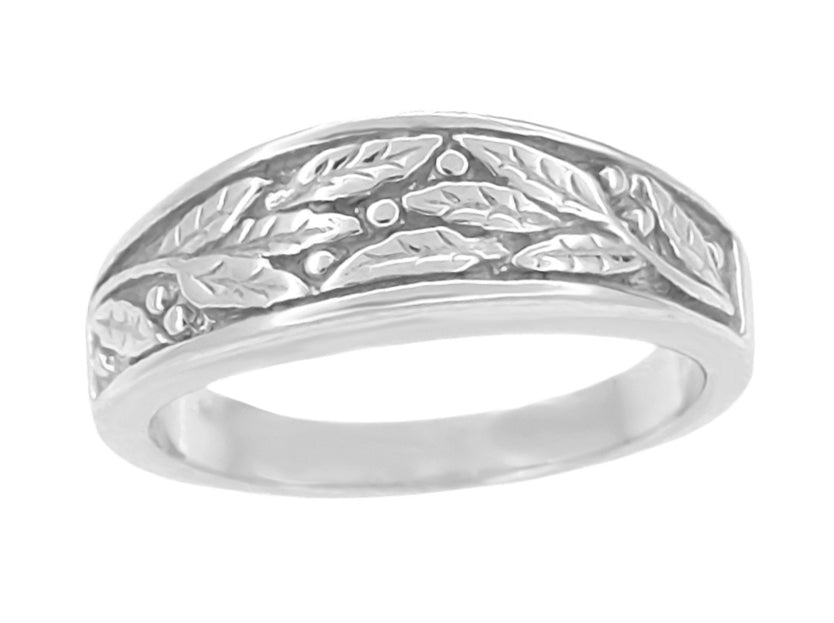 Mens Domed Sculptural Carved Olive Leaves Vintage Wedding Band in White Gold 1960s Mid Century Modern - R401M 