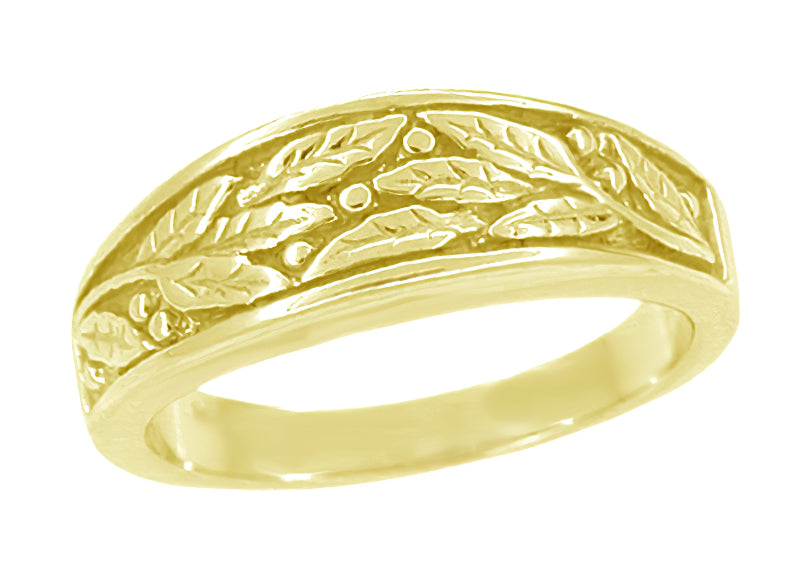 Mens Yellow Gold Vintage Engraved Olive Leaves Ring Wide