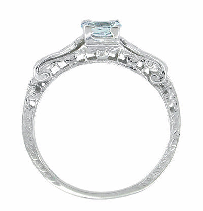 Art Deco Filigree Aquamarine and Diamond Ring in 14 Karat White Gold - Item: R405 - Image: 2