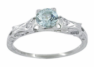 Art Deco Filigree Aquamarine and Diamond Ring in 14 Karat White Gold