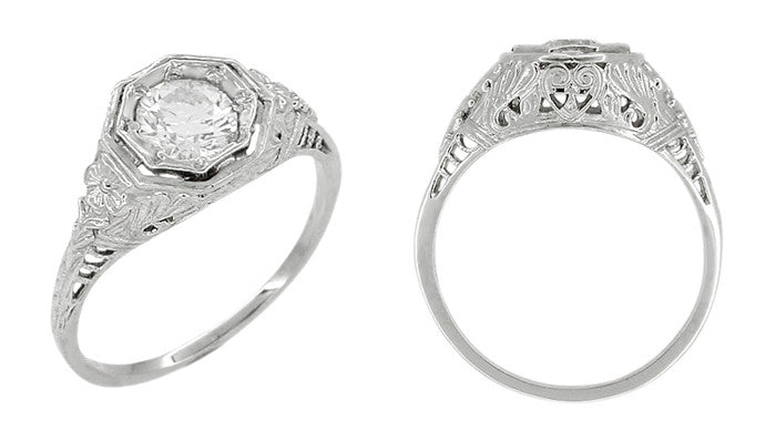 Art Deco Hearts and Flowers Diamond Filigree Platinum Engagement Ring - Item: R406P - Image: 2