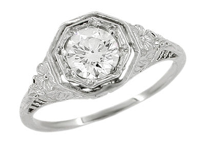 Art Deco Hearts and Flowers Diamond Filigree Platinum Engagement Ring