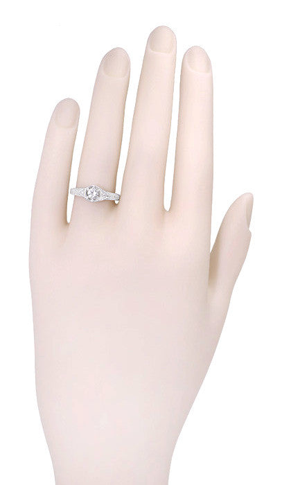 Art Deco Filigree Wheat and Scrolls Diamond Engraved Engagement Ring in 14 Karat White Gold - Item: R407 - Image: 4