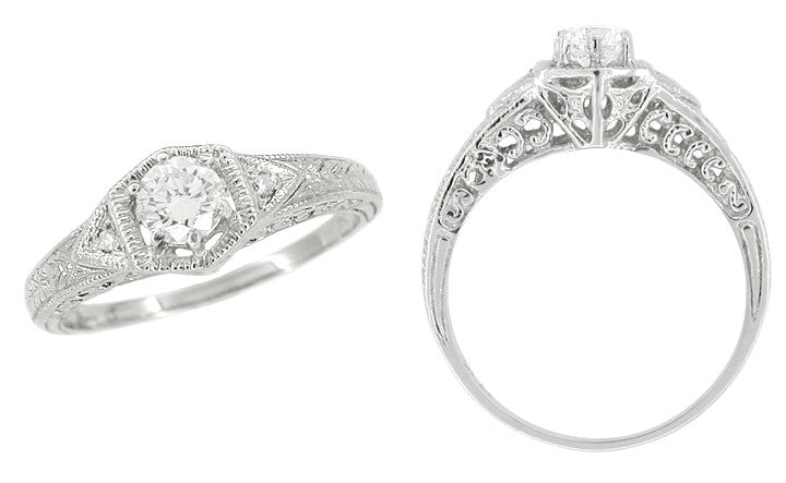 Art Deco Filigree Antique Platinum Engagement Semimount Ring Design for a 1/3 Carat Diamond - Item: R407PNS - Image: 2