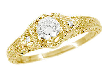 Art Deco Filigree Wheat and Scrolls Diamond Engraved Engagement Ring in 18 Karat Yellow Gold | 1920's Design