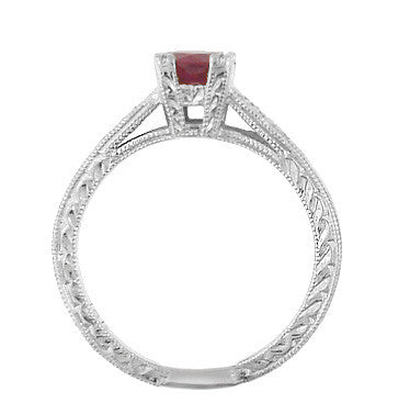 1920's Art Deco Ruby and Diamonds Engraved "Fishtail" Engagement Ring in 18 Karat White Gold - Item: R408W - Image: 3