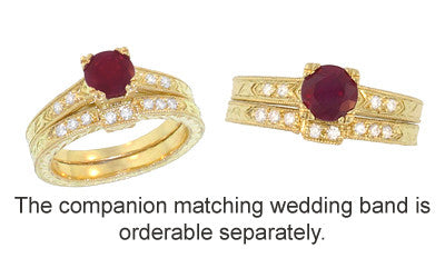 Art Deco Ruby and Diamonds Engraved Engagement Ring in 18 Karat Yellow Gold - Item: R408Y - Image: 4