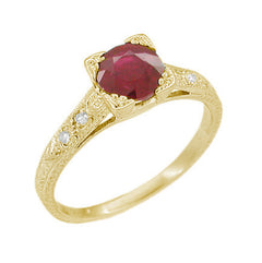 Art Deco Ruby and Diamonds Engraved Engagement Ring in 18 Karat Yellow Gold