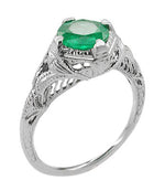 Art Deco Emerald Engraved Filigree Ring in Platinum