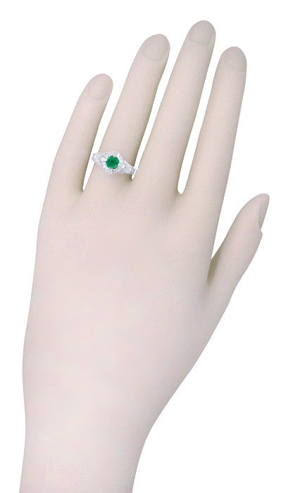 Art Deco Engraved Filigree Emerald Engagement Ring in 14 Karat White Gold - Item: R410W - Image: 4