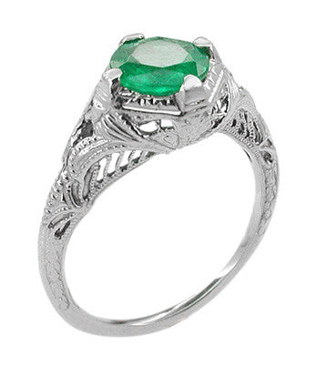 Art Deco Engraved Filigree Emerald Engagement Ring in 14 Karat White Gold - alternate view