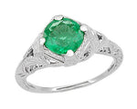 Art Deco Engraved Filigree Emerald Engagement Ring in 14 Karat White Gold