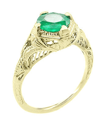 Art Deco Emerald Engraved Filigree Engagement Ring in 14 Karat Yellow Gold - Item: R410Y - Image: 2