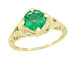 Art Deco Emerald Engraved Filigree Engagement Ring in 14 Karat Yellow Gold