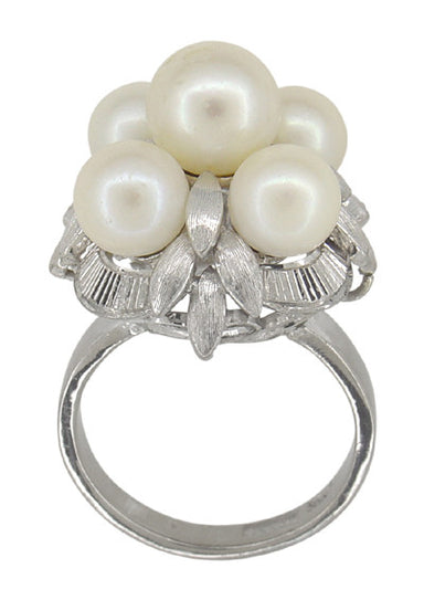Retro Moderne Flowers and Leaves Vintage Pearl Cluster Ring in 14 Karat White Gold - alternate view