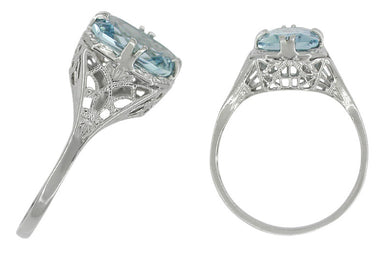 1920's Art Deco Filigree Rectangular Aquamarine Ring in Platinum - alternate view