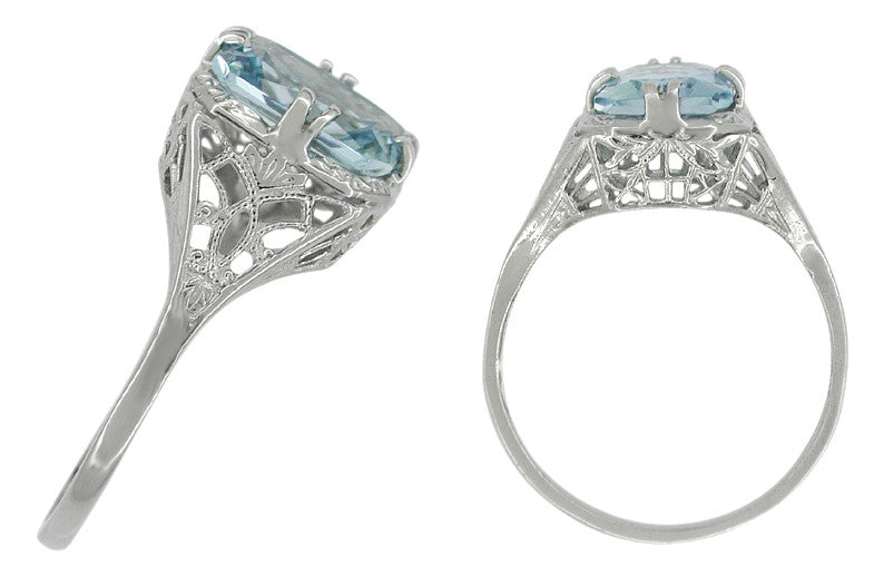 1920's Art Deco Filigree Rectangular Aquamarine Ring in Platinum - Item: R418 - Image: 2