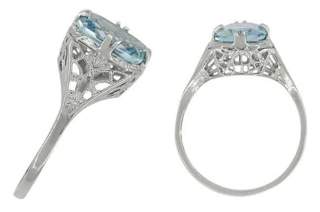 Art Deco Filigree Rectangular 1.30 Carat Aquamarine Engagement Ring in 14 Karat White Gold - Item: R418W - Image: 2