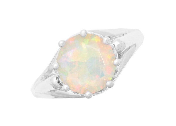 Vintage Crown White Opal Engagement Ring in White Gold - R419WO