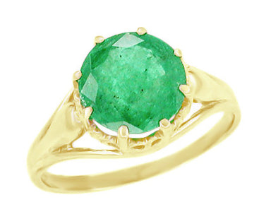 Vintage Style Regal Crown Emerald Engagement Ring in 14 Karat Yellow Gold