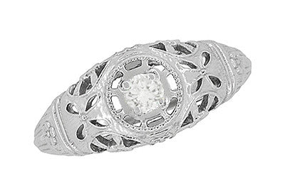 Art Deco Open Flowers Filigree Diamond Engagement Ring in 14 Karat White Gold | Low Profile Dome - Item: R428-LC - Image: 3