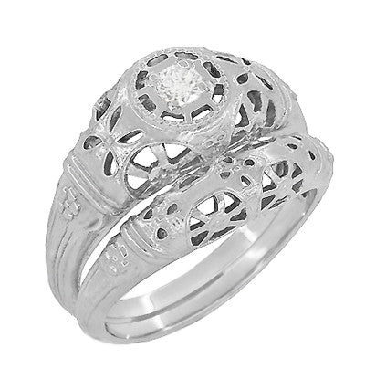 Art Deco Open Flowers Filigree Diamond Engagement Ring in 14 Karat White Gold | Low Profile Dome - Item: R428-LC - Image: 4