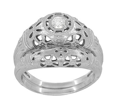 Art Deco Open Flowers Filigree Diamond Engagement Ring in 14 Karat White Gold | Low Profile Dome - Item: R428-LC - Image: 5