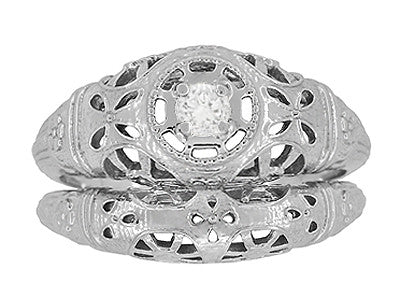 Art Deco Open Flowers Filigree Diamond Engagement Ring in 14 Karat White Gold | Low Profile Dome - Item: R428-LC - Image: 6