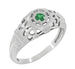 1920's Style Art Deco Low Dome Filigree Emerald Ring in Platinum