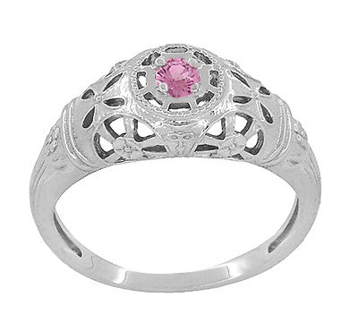 Art Deco Low Dome Platinum Filigree Pink Sapphire Ring - Item: R428PPS - Image: 3