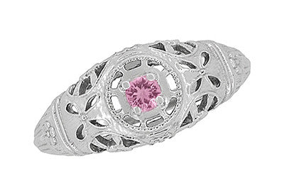 Art Deco Low Dome Platinum Filigree Pink Sapphire Ring - Item: R428PPS - Image: 4