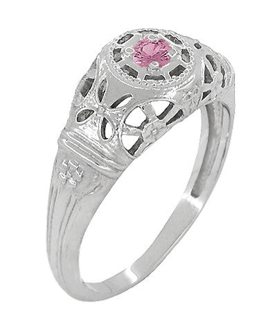 Art Deco Low Dome Platinum Filigree Pink Sapphire Ring - Item: R428PPS - Image: 2