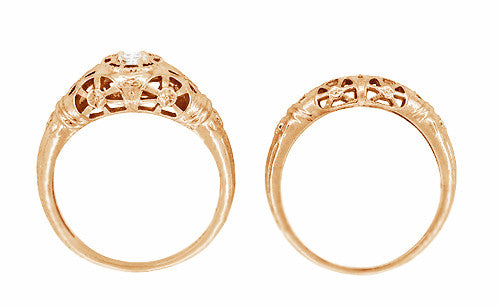 14 Karat Rose Gold Art Deco Low Dome Filigree White Sapphire Ring - Item: R428RWS - Image: 6