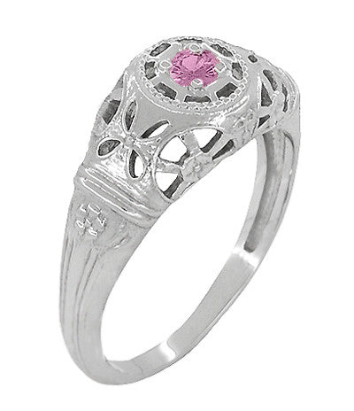 Art Deco Floral Low Dome Filigree Pink Sapphire Ring in 14 Karat White Gold - Item: R428WPS - Image: 3