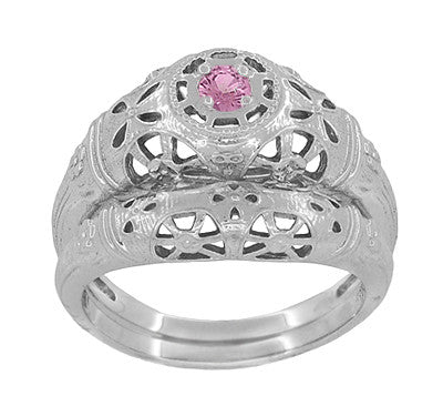 Art Deco Floral Low Dome Filigree Pink Sapphire Ring in 14 Karat White Gold - Item: R428WPS - Image: 7