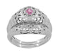 Art Deco Floral Low Dome Filigree Pink Sapphire Ring in 14 Karat White Gold