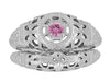 Art Deco Floral Low Dome Filigree Pink Sapphire Ring in 14 Karat White Gold