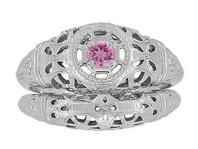 Art Deco Floral Low Dome Filigree Pink Sapphire Ring in 14 Karat White Gold - Item: R428WPS - Image: 8
