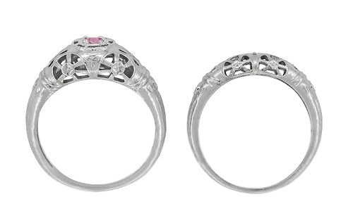 Art Deco Floral Low Dome Filigree Pink Sapphire Ring in 14 Karat White Gold - Item: R428WPS - Image: 9
