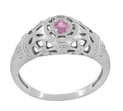 Art Deco Floral Low Dome Filigree Pink Sapphire Ring in 14 Karat White Gold - Item: R428WPS - Image: 2